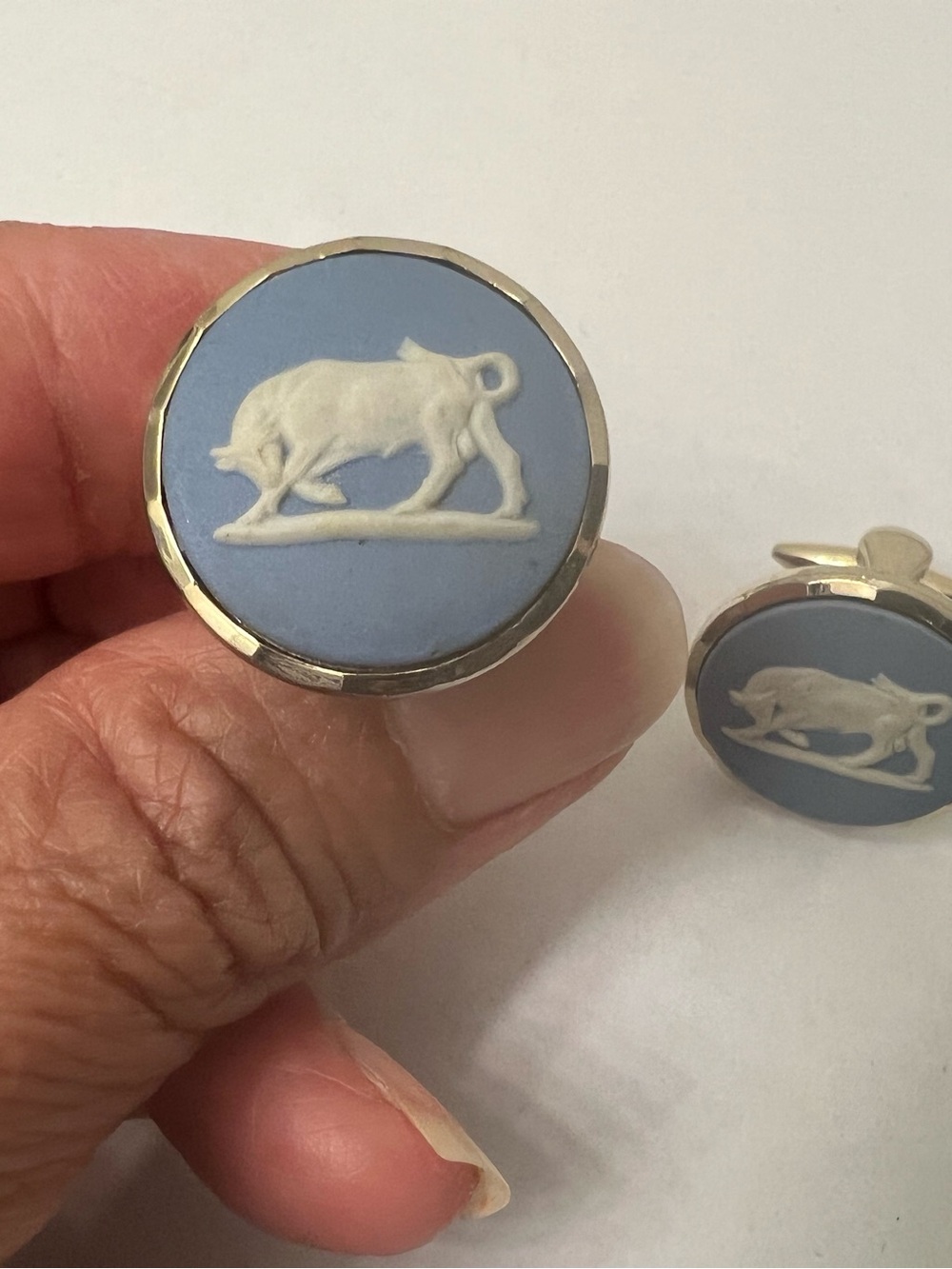 Wedgwood Blue Jasperware Cufflinks with White Bull Relief